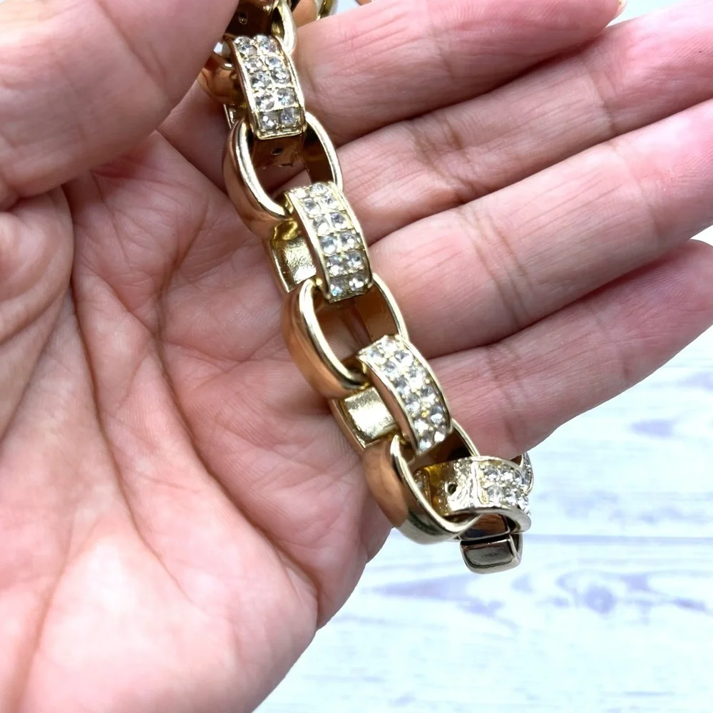 Banana Republic Gold Sparkle Crystals Link Chain Bracelet Large Bold VTG